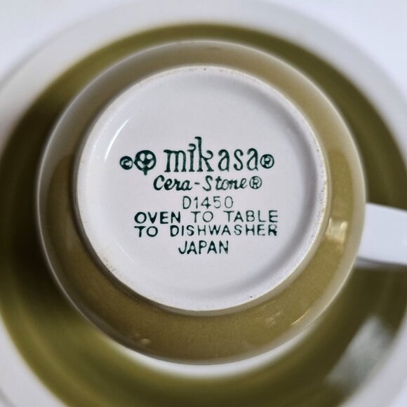 Vintage Mikasa Olive Green Apple Pie Ceramic Cera Stone Cup & Set D1450 - Picture 2 of 10